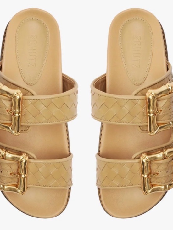 SCHUTZ Shoes - SCHUTZ Beige Woven Double-Buckle Slide Sandals
